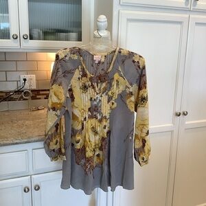 Tracy Reese Silk Gray and Yellow Floral Pullover Top Size Small